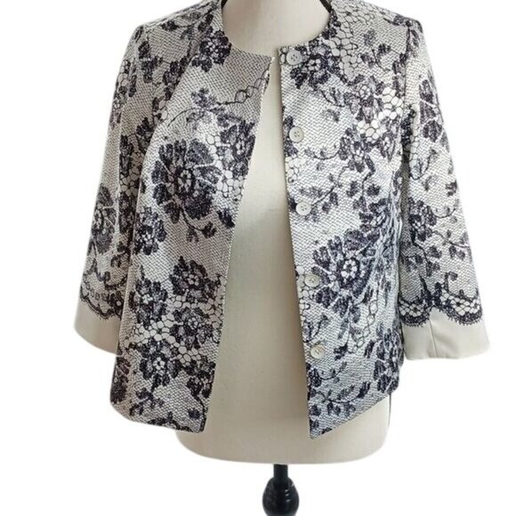 The Limited Womens XS Black White Floral Brocade Jacket Blazer 3/4 Sleeve - Picture 6 of 10